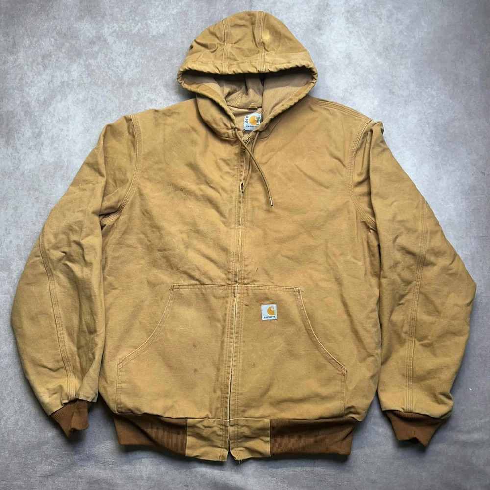 Carhartt Brown Thermal Lined Duck Canvas Active Jacket Hooded Distressed Mens CL